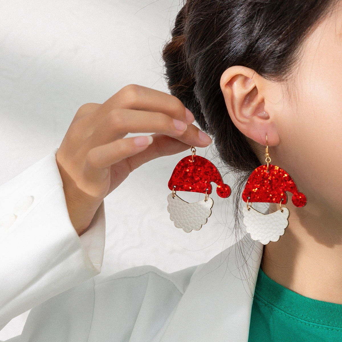 Wholesale Christmas Hats White Bearded Leather Earrings