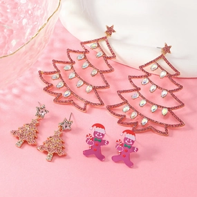 Wholesale Christmas High-end Full Diamond Christmas Tree Lights Snowman Earrings