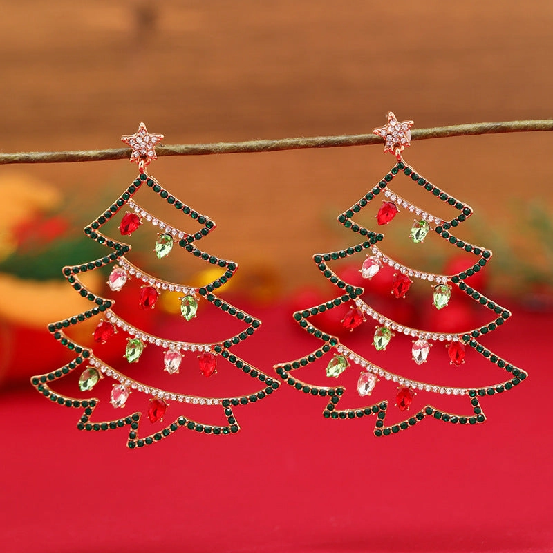Wholesale Christmas High-end Full Diamond Christmas Tree Lights Snowman Earrings