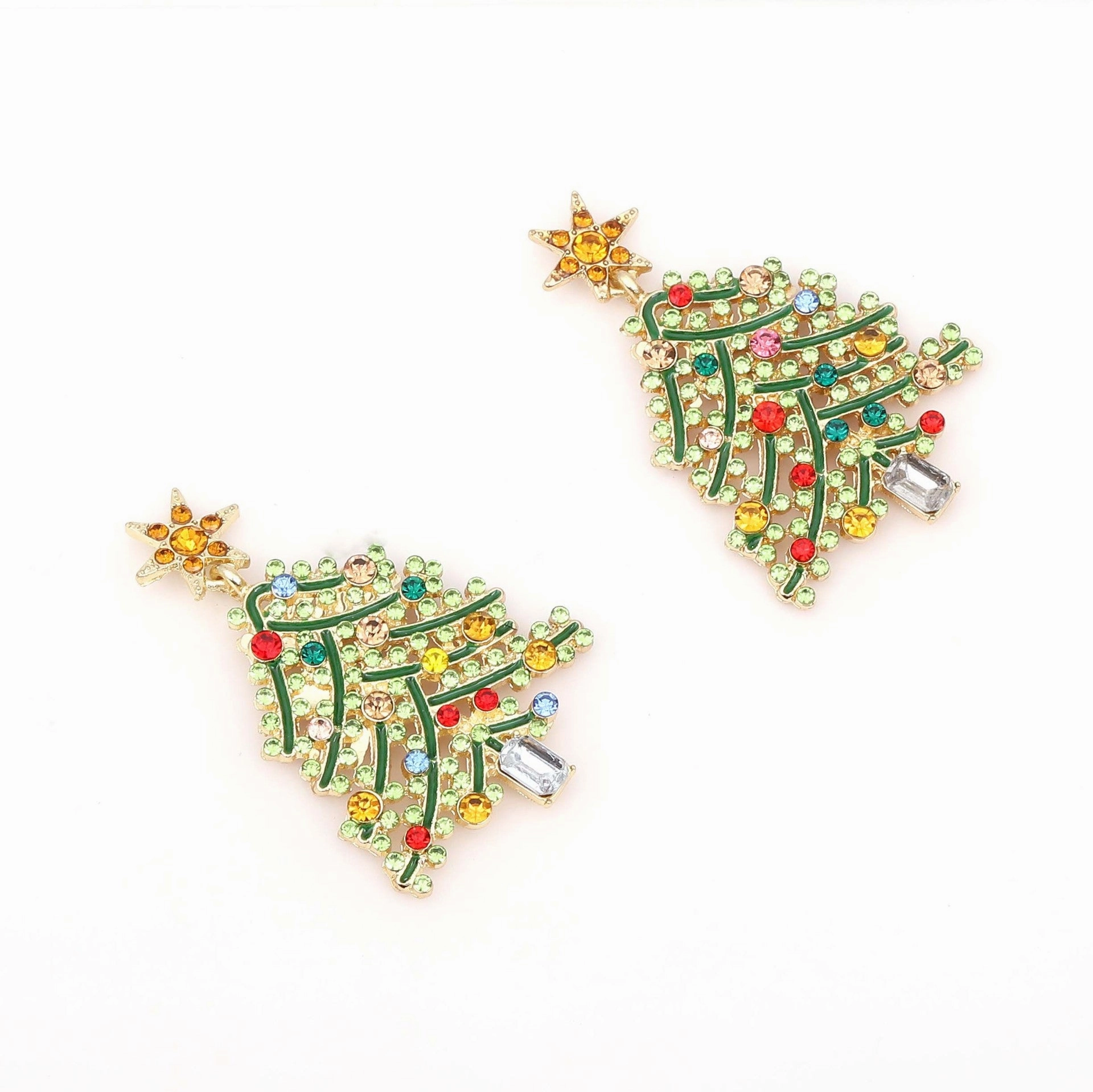 Wholesale Christmas Hollow Christmas Tree Alloy Style Diamond Earrings