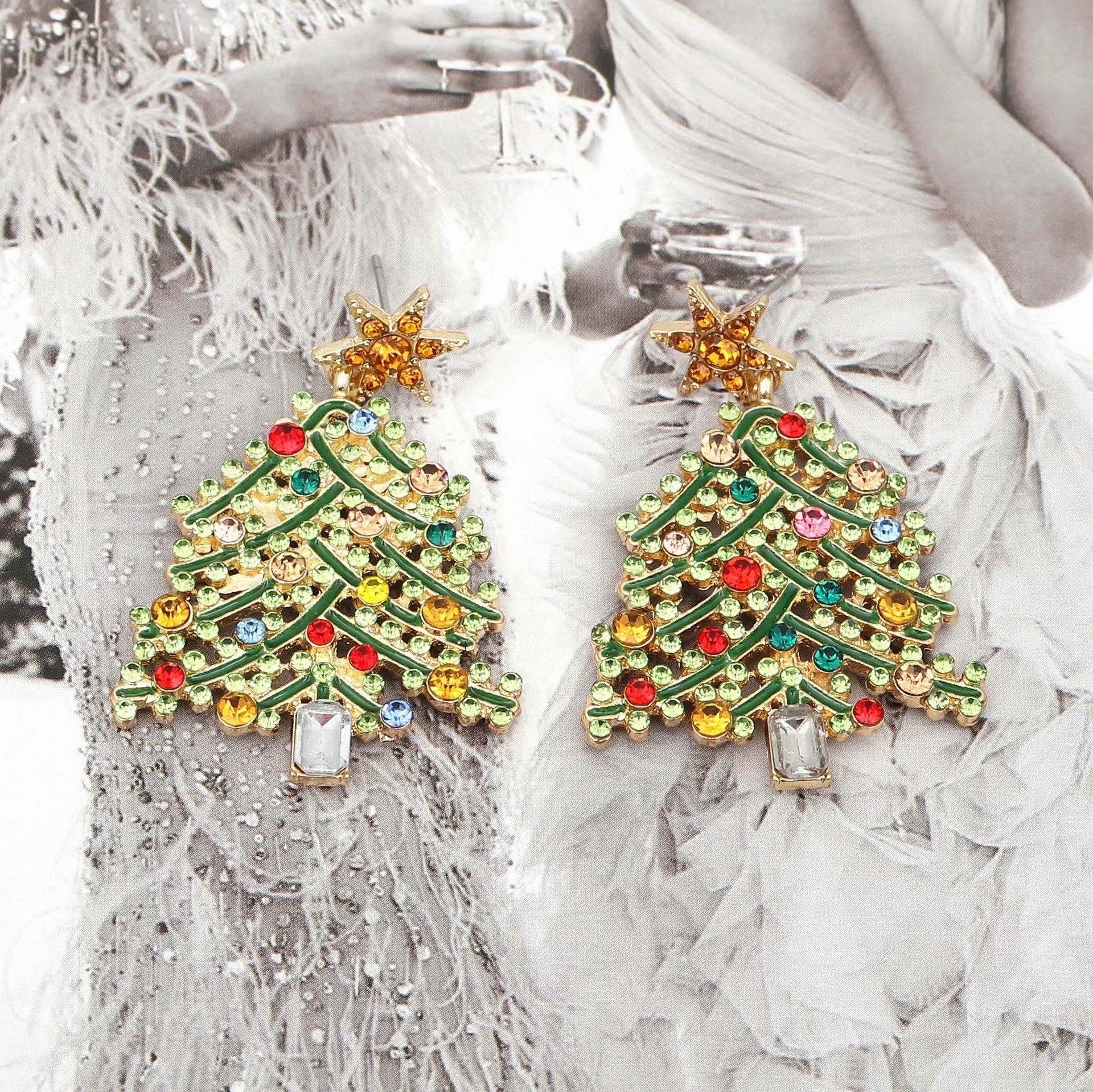 Wholesale Christmas Hollow Christmas Tree Alloy Style Diamond Earrings