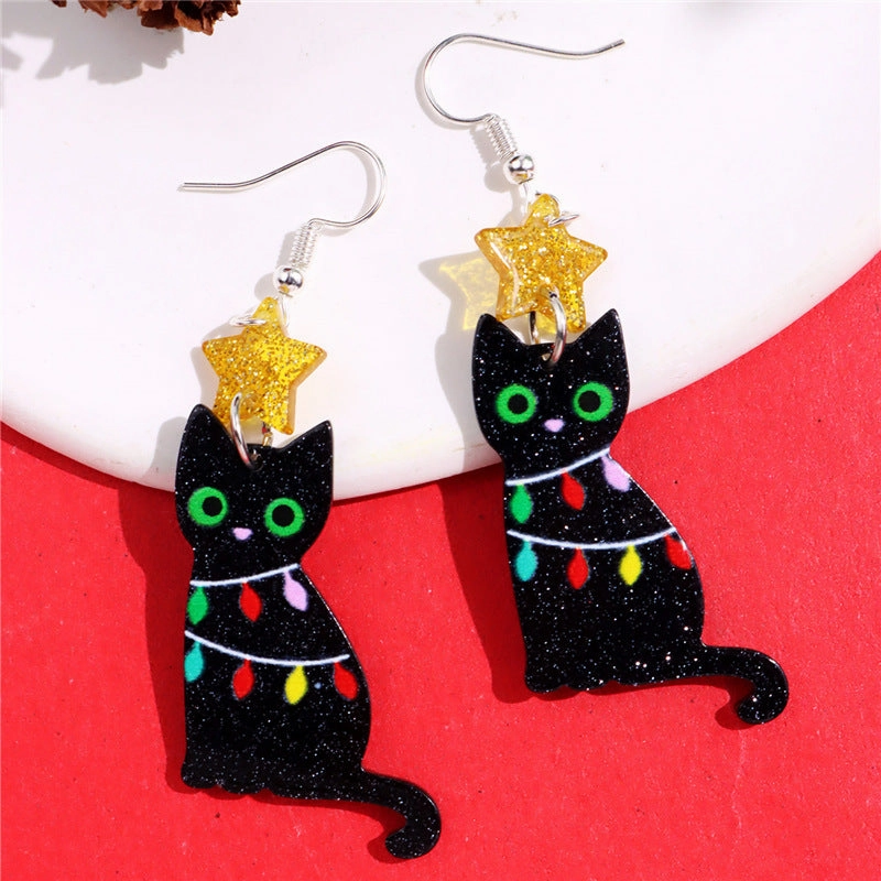 Wholesale Christmas Lantern Black Cat Bell Acrylic Pendant Earrings
