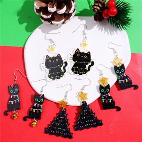 Wholesale Christmas Lantern Black Cat Bell Acrylic Pendant Earrings