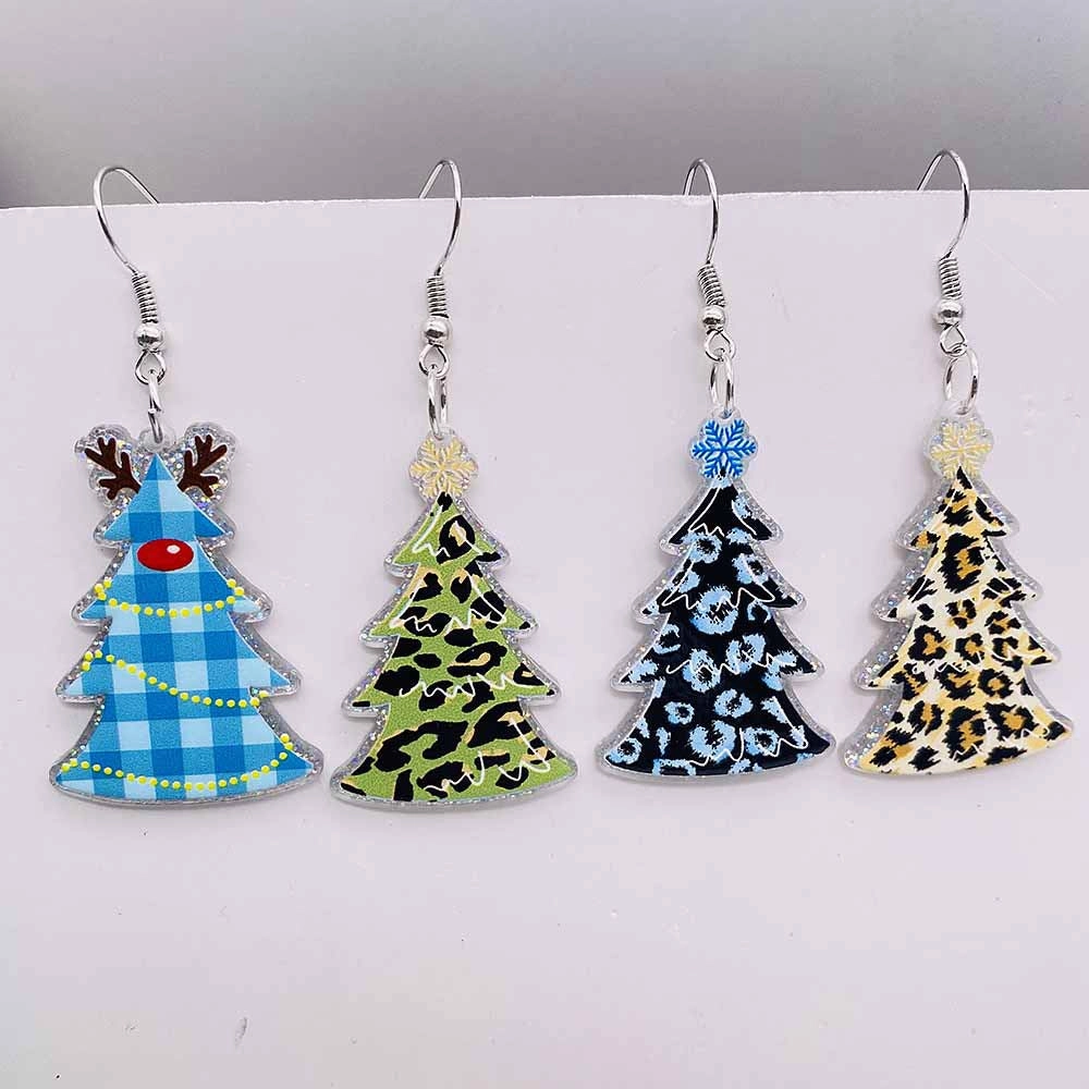 Wholesale Christmas Leopard Print Red Plaid Christmas Tree Acrylic Earrings