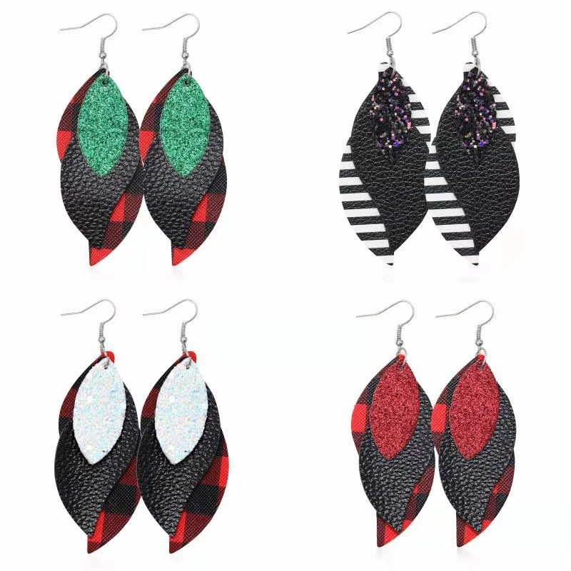 Wholesale Christmas Multi-layered Red Plaid Sequin Earrings