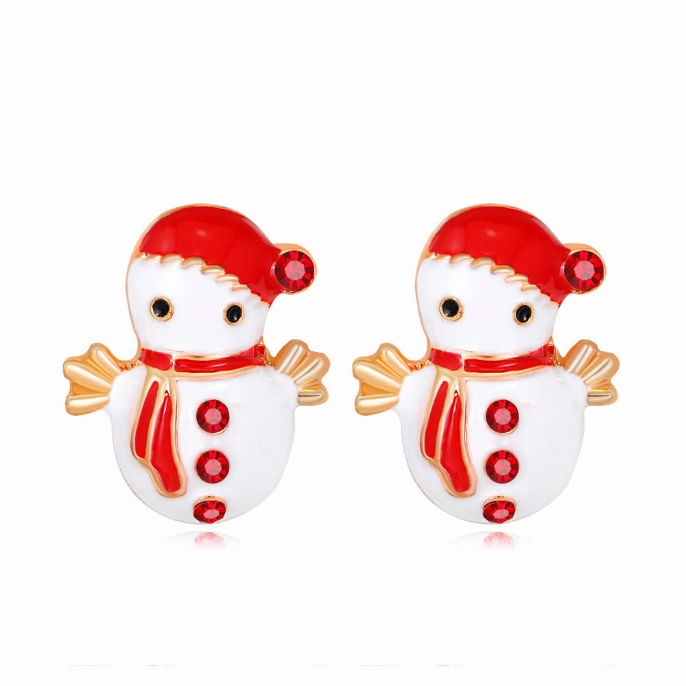 Wholesale Christmas Oil Dripping Diamond Snowman Bell Alloy Earrings