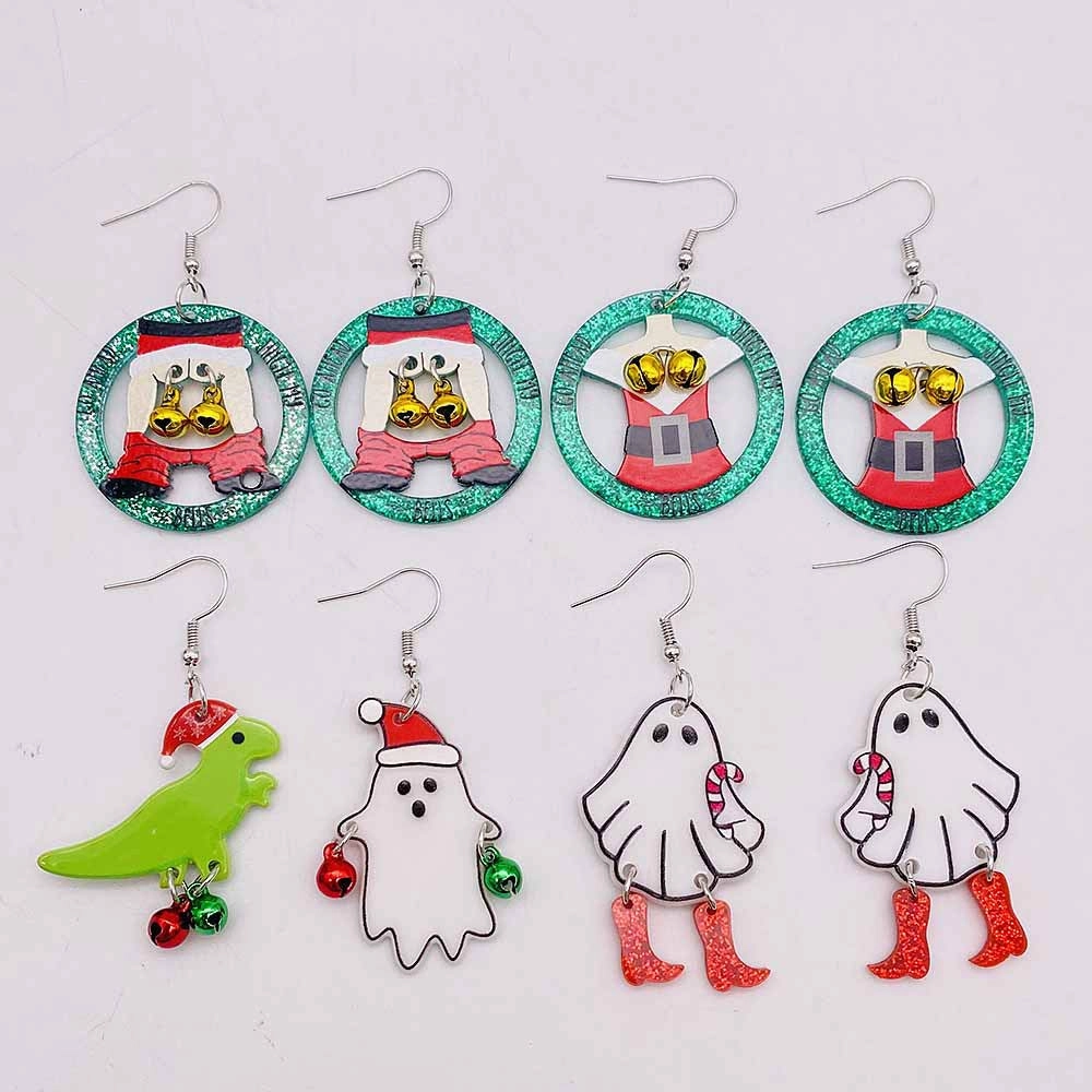 Wholesale Christmas Ornaments Ghost Dinosaur Santa Bell Acrylic Pendant Earrings