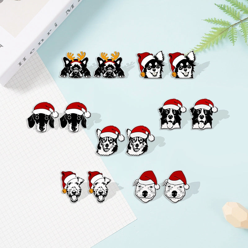 Wholesale Christmas Pet Collie Christmas Hat Corgi Resin Earrings