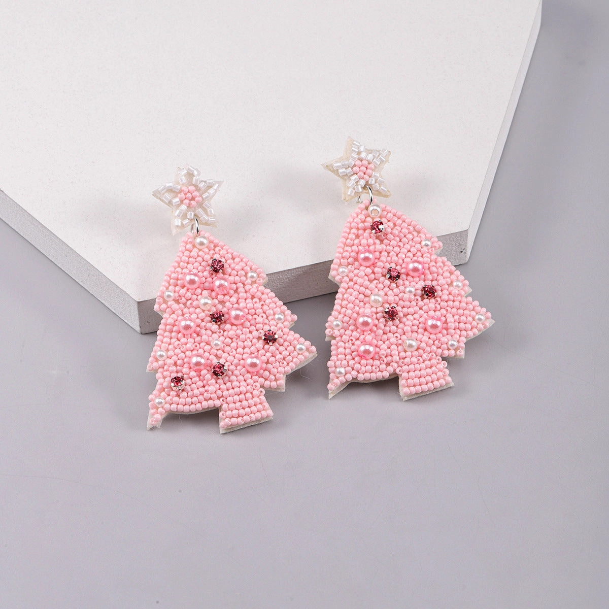 Wholesale Christmas Pink Resin Rice Beads Woven Five Point Star Christmas Tree Earrings