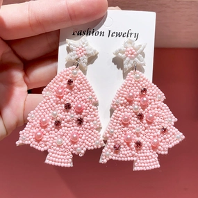 Wholesale Christmas Pink Resin Rice Beads Woven Five Point Star Christmas Tree Earrings