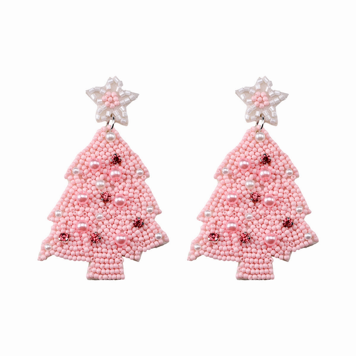 Wholesale Christmas Pink Resin Rice Beads Woven Five Point Star Christmas Tree Earrings