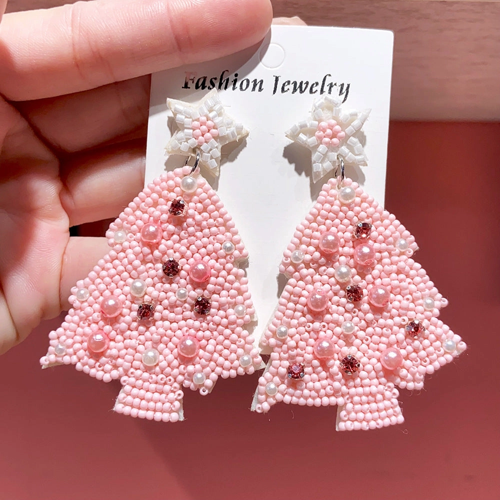 Wholesale Christmas Pink Resin Rice Beads Woven Five Point Star Christmas Tree Earrings