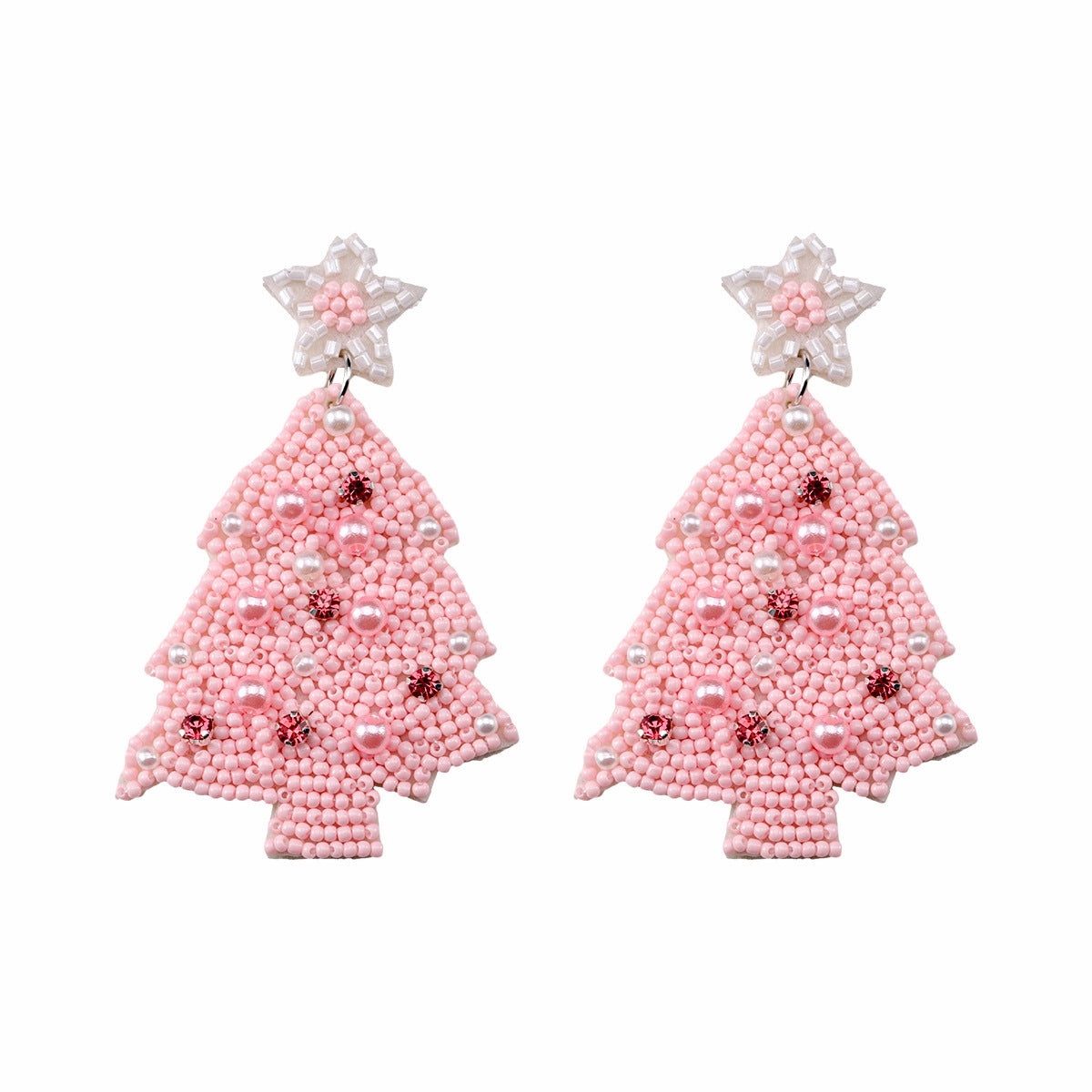 Wholesale Christmas Pink Resin Rice Beads Woven Five Point Star Christmas Tree Earrings