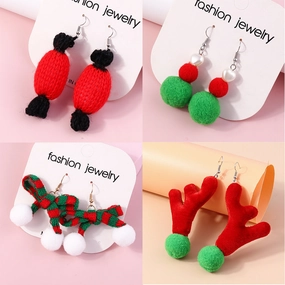 Wholesale Christmas Plush Knitted Antler Bow Earrings