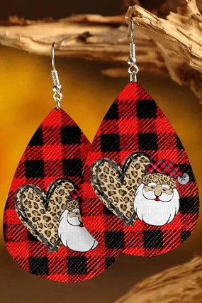 Wholesale Christmas Red Plaid Drop Santa Claus Leopard Pattern Love Leather Earrings