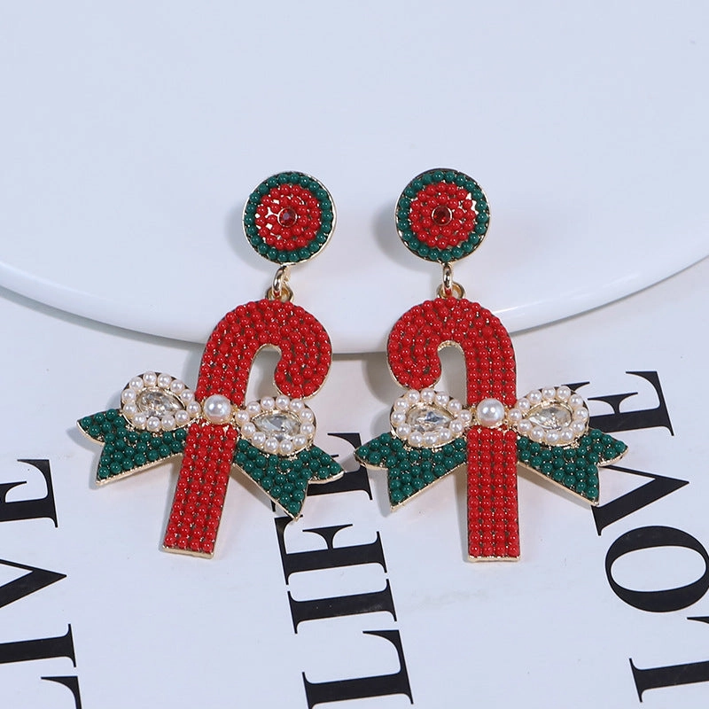 Wholesale Christmas Rice Ball Bow Knot Crutches Guard Christmas Tree Alloy Diamond Earrings