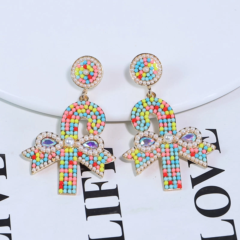 Wholesale Christmas Rice Ball Bow Knot Crutches Guard Christmas Tree Alloy Diamond Earrings