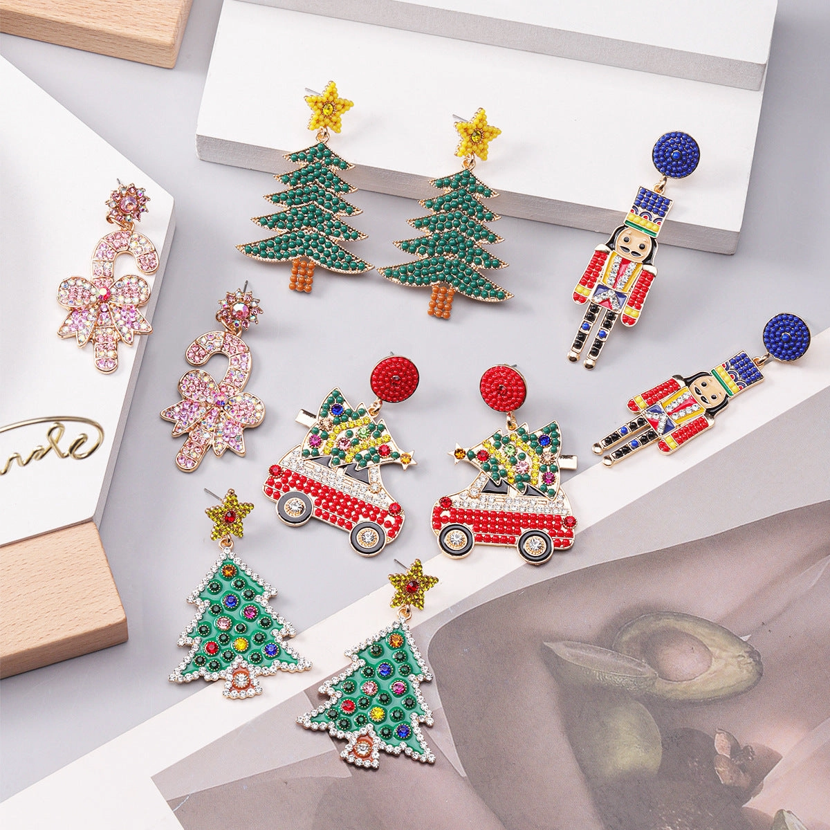Wholesale Christmas Rice Ball Bow Knot Crutches Guard Christmas Tree Alloy Diamond Earrings