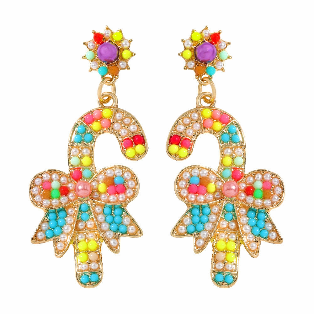 Wholesale Christmas Rice Ball Bow Knot Crutches Guard Christmas Tree Alloy Diamond Earrings