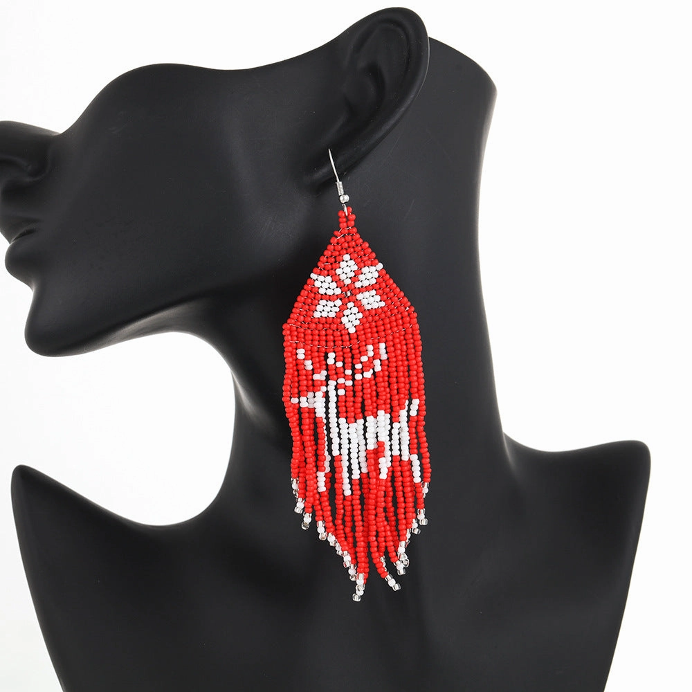 Wholesale Christmas Rice Beads Tassels Bohemian Style Handwoven Earrings