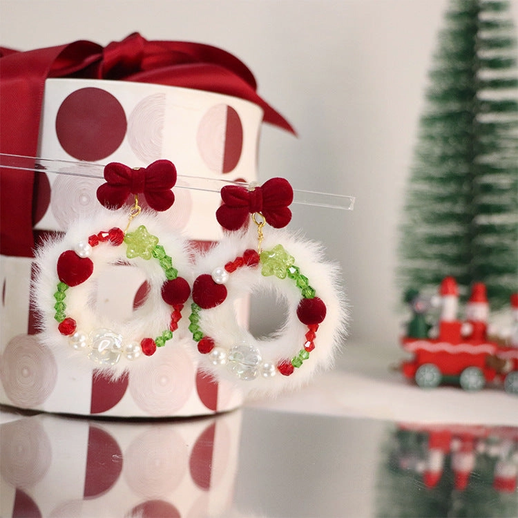 Wholesale Christmas Round Bow Garland Fur Ball Earrings