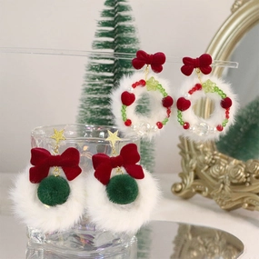 Wholesale Christmas Round Bow Garland Fur Ball Earrings