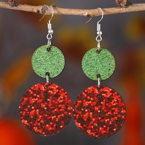 Wholesale Christmas Round Double Sided Wooden Sequin Glitter Red and Green Earrings