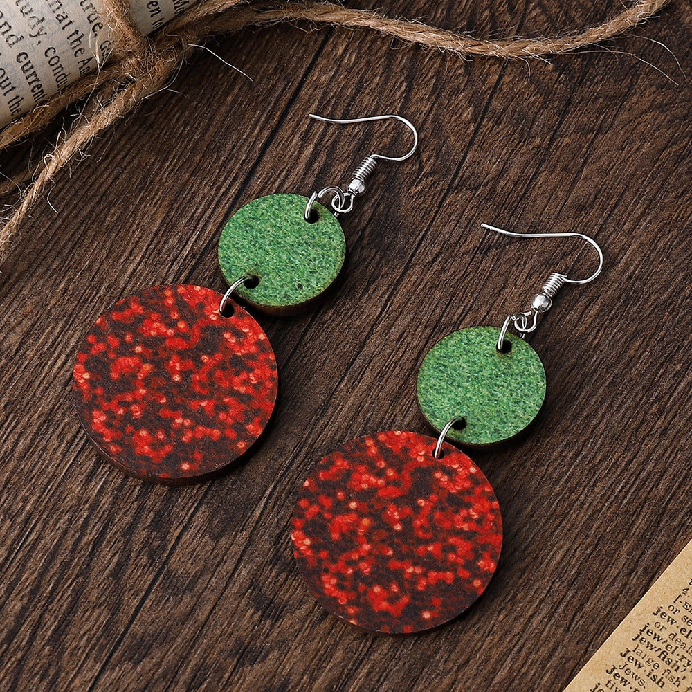Wholesale Christmas Round Double Sided Wooden Sequin Glitter Red and Green Earrings