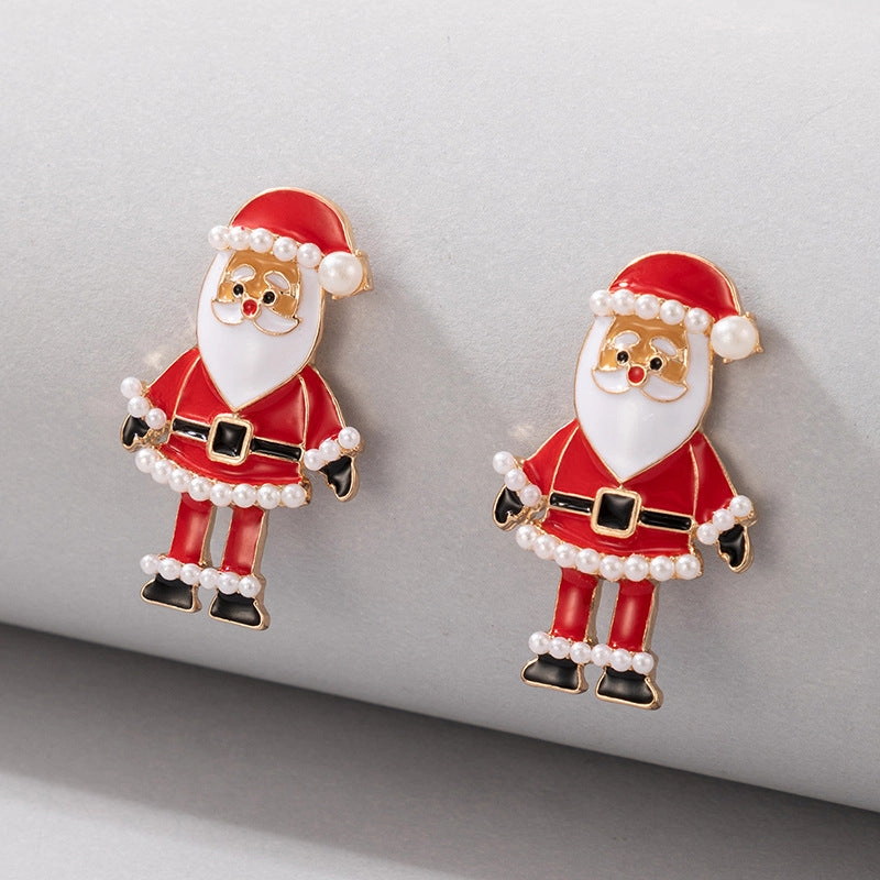 Wholesale Christmas Santa Claus Pearl Alloy Oil Drop Earrings