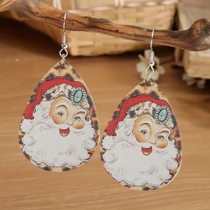 Wholesale Christmas Santa Claus Printed Leather Earrings