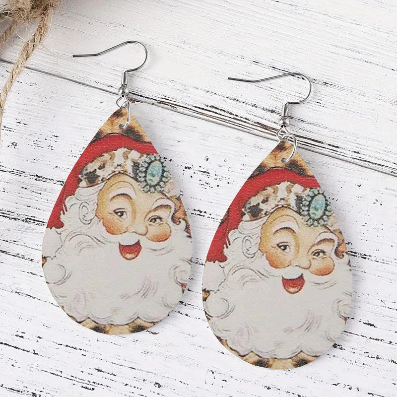 Wholesale Christmas Santa Claus Printed Leather Earrings