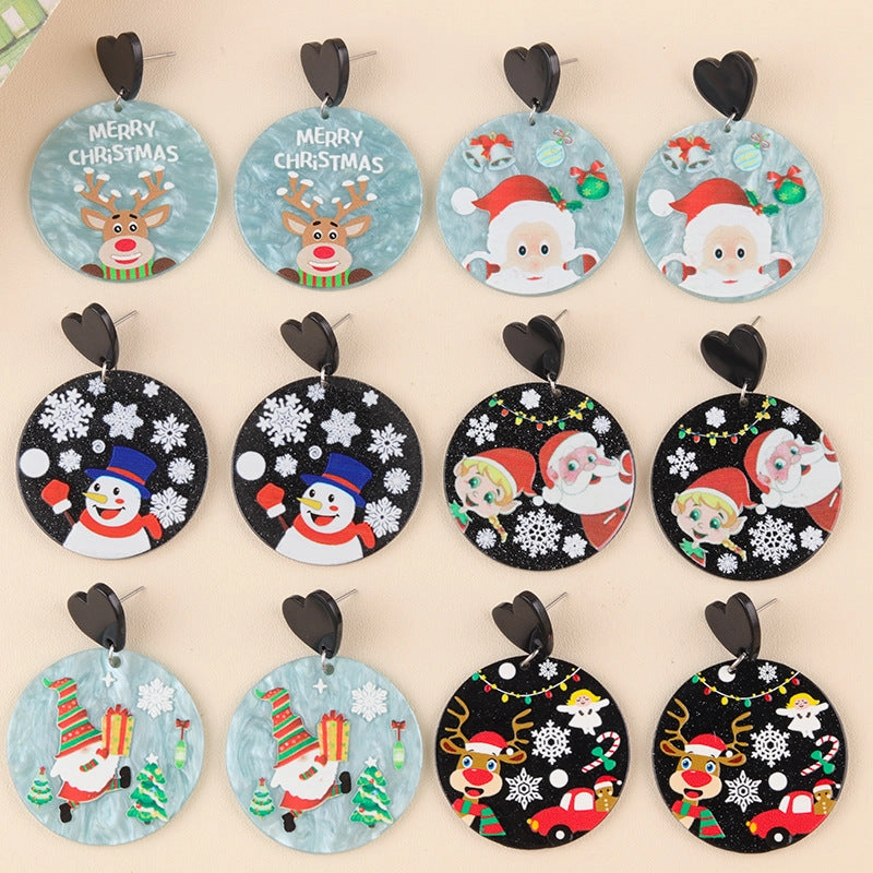Wholesale Christmas Series Geometric Round Santa Claus Elk Snowman Earrings
