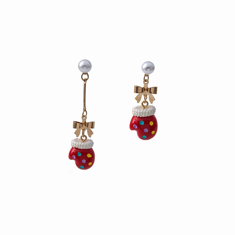 Wholesale Christmas Series Gloves Pearl Bow Earrings