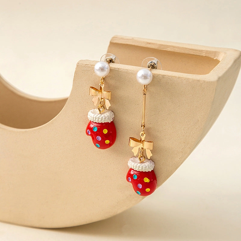 Wholesale Christmas Series Gloves Pearl Bow Earrings