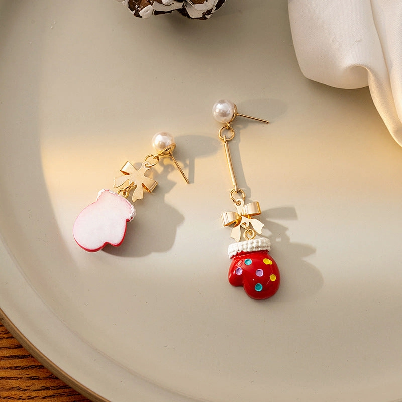 Wholesale Christmas Series Gloves Pearl Bow Earrings