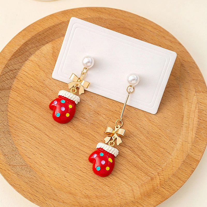 Wholesale Christmas Series Gloves Pearl Bow Earrings