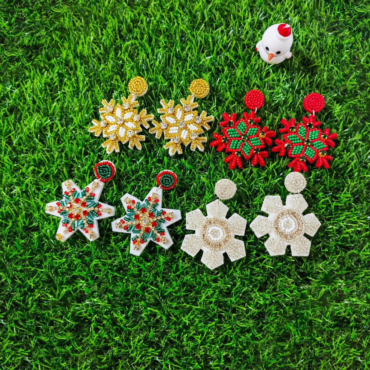 Wholesale Christmas Snowflake Fabric Inlaid Glass Diamond Handmade Rice Bead Earrings