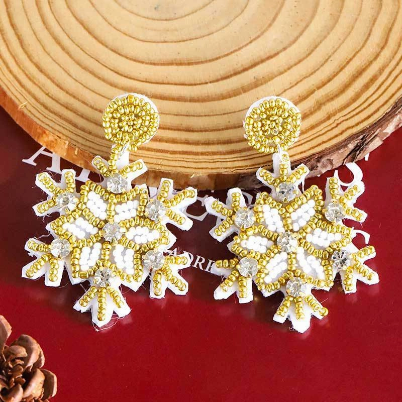 Wholesale Christmas Snowflake Fabric Inlaid Glass Diamond Handmade Rice Bead Earrings