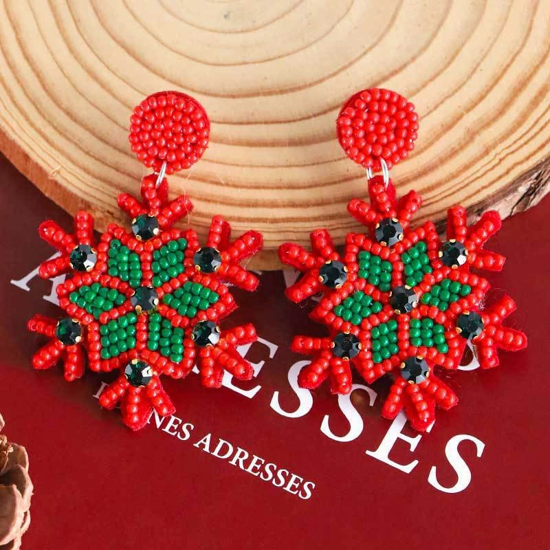 Wholesale Christmas Snowflake Fabric Inlaid Glass Diamond Handmade Rice Bead Earrings