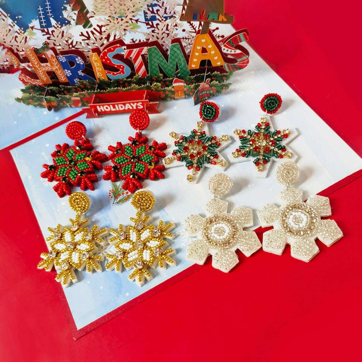 Wholesale Christmas Snowflake Fabric Inlaid Glass Diamond Handmade Rice Bead Earrings