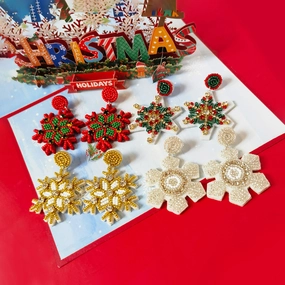 Wholesale Christmas Snowflake Fabric Inlaid Glass Diamond Handmade Rice Bead Earrings