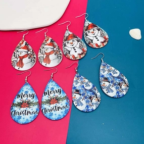Wholesale Christmas Snowman Snowflake Double Sided Printed Droplet Leather Earrings