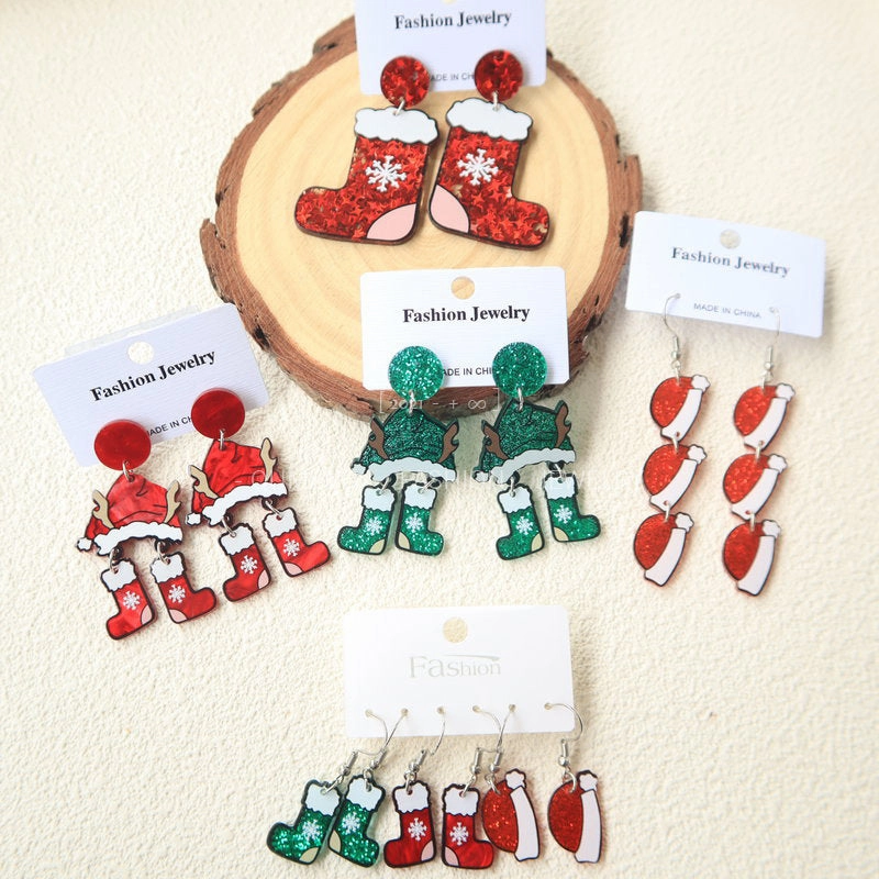 Wholesale Christmas Socks and Hats Blingbling Acrylic Earrings