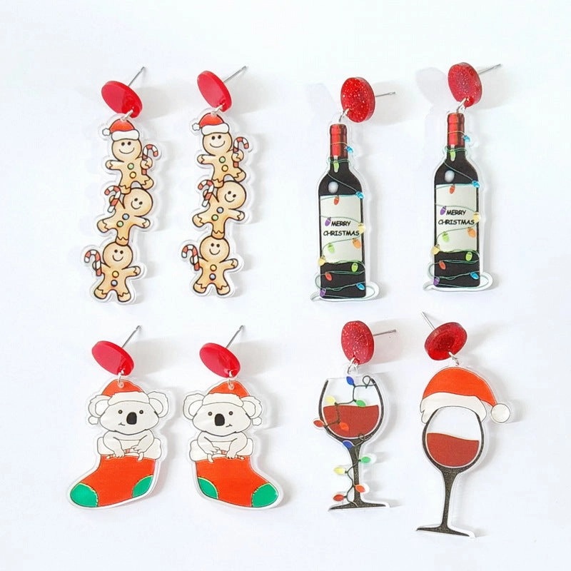 Wholesale Christmas Socks Sloth Gingerbread Man Wine Glass Acrylic Earrings