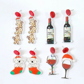 Wholesale Christmas Socks Sloth Gingerbread Man Wine Glass Acrylic Earrings