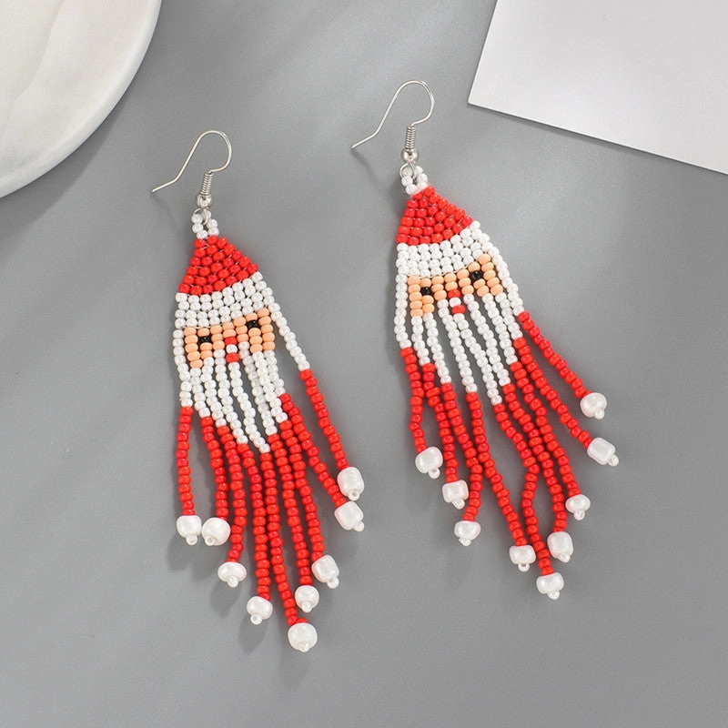 Wholesale Christmas Tassel Hand Knitted Christmas Tree Santa Claus Rice Bead Earrings