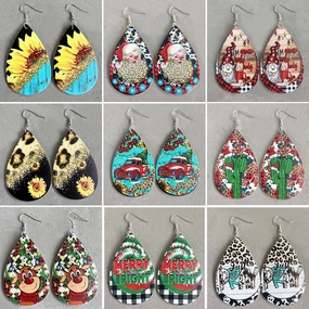 Wholesale Christmas Teardrop Leather Vintage Western Leopard Print Sunflower Cactus Deer Earrings