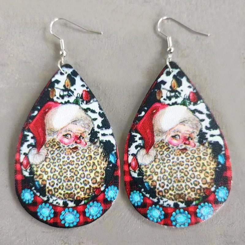Wholesale Christmas Teardrop Leather Vintage Western Leopard Print Sunflower Cactus Deer Earrings