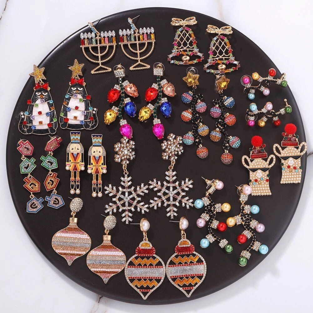 Wholesale Christmas Tree Bells Elk Lollipop Rice Beads Alloy Diamond Earrings