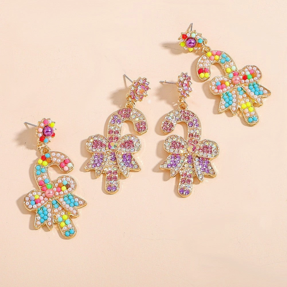 Wholesale Christmas Tree Bells Elk Lollipop Rice Beads Alloy Diamond Earrings
